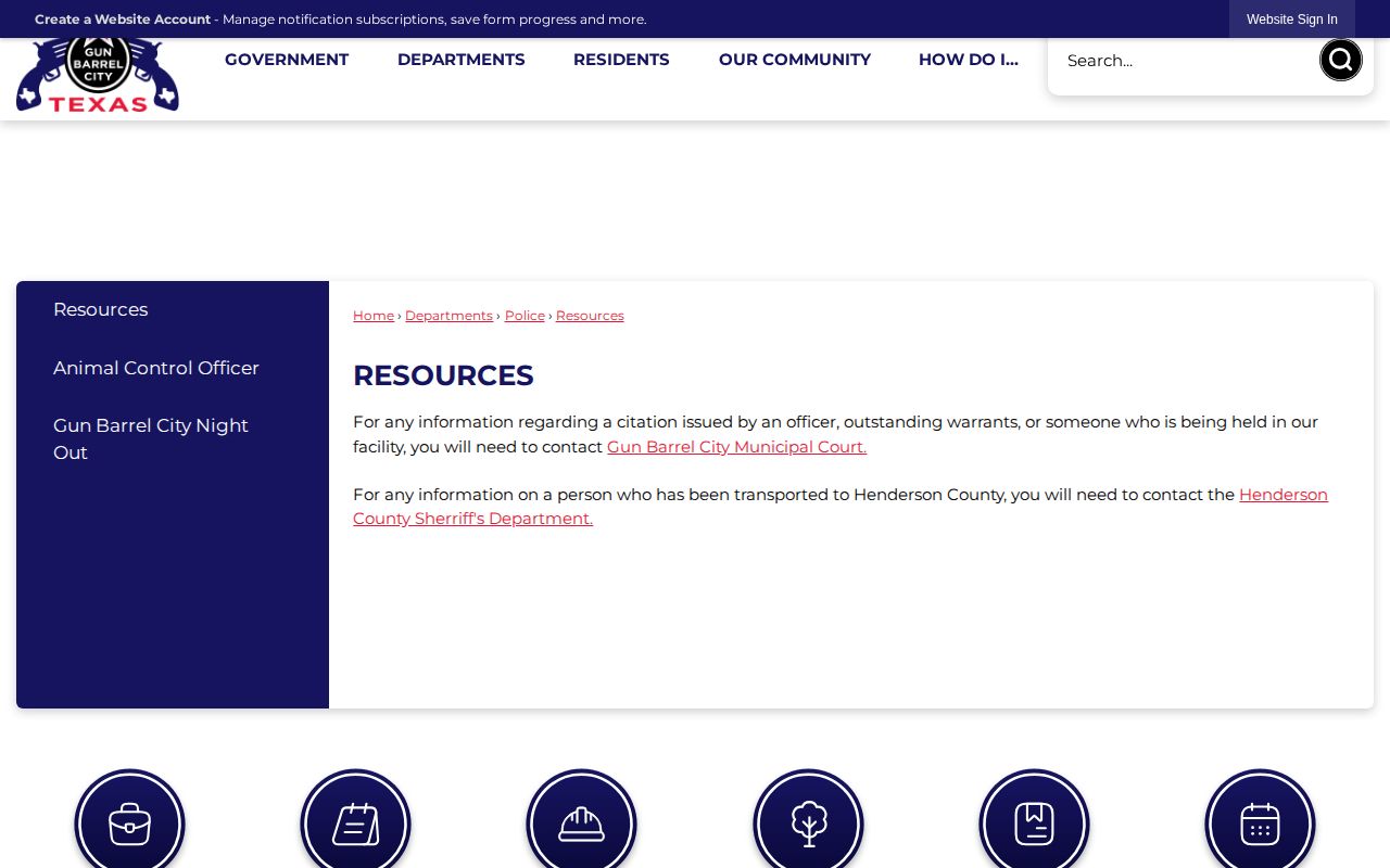 Gun Barrel City police resources showing municipal and Henderson County custody record routing